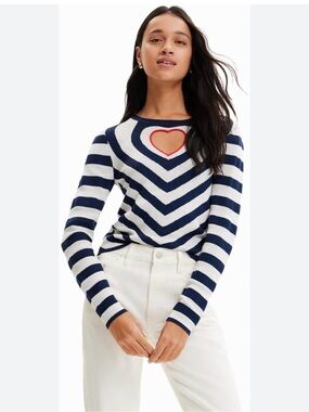 Desigual Navy & White Striped Crewneck Sweater with Heart Cutout